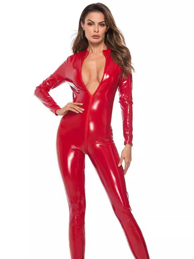 Sexy uniform tights mirrored leather jumpsuit