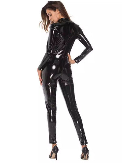 Sexy uniform tights mirrored leather jumpsuit